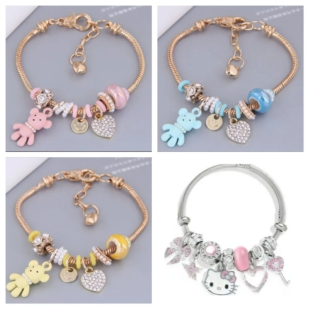 Heart and Teddy Bear Charm Bracelet Yellow Zircon Heart Charm